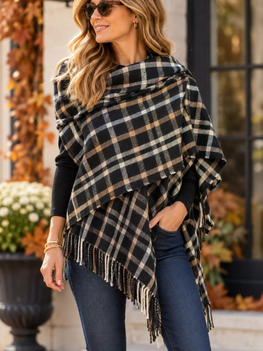 J.Crew Plaid Blanket Scarf Shawl Black Tan Fringe 80x20
